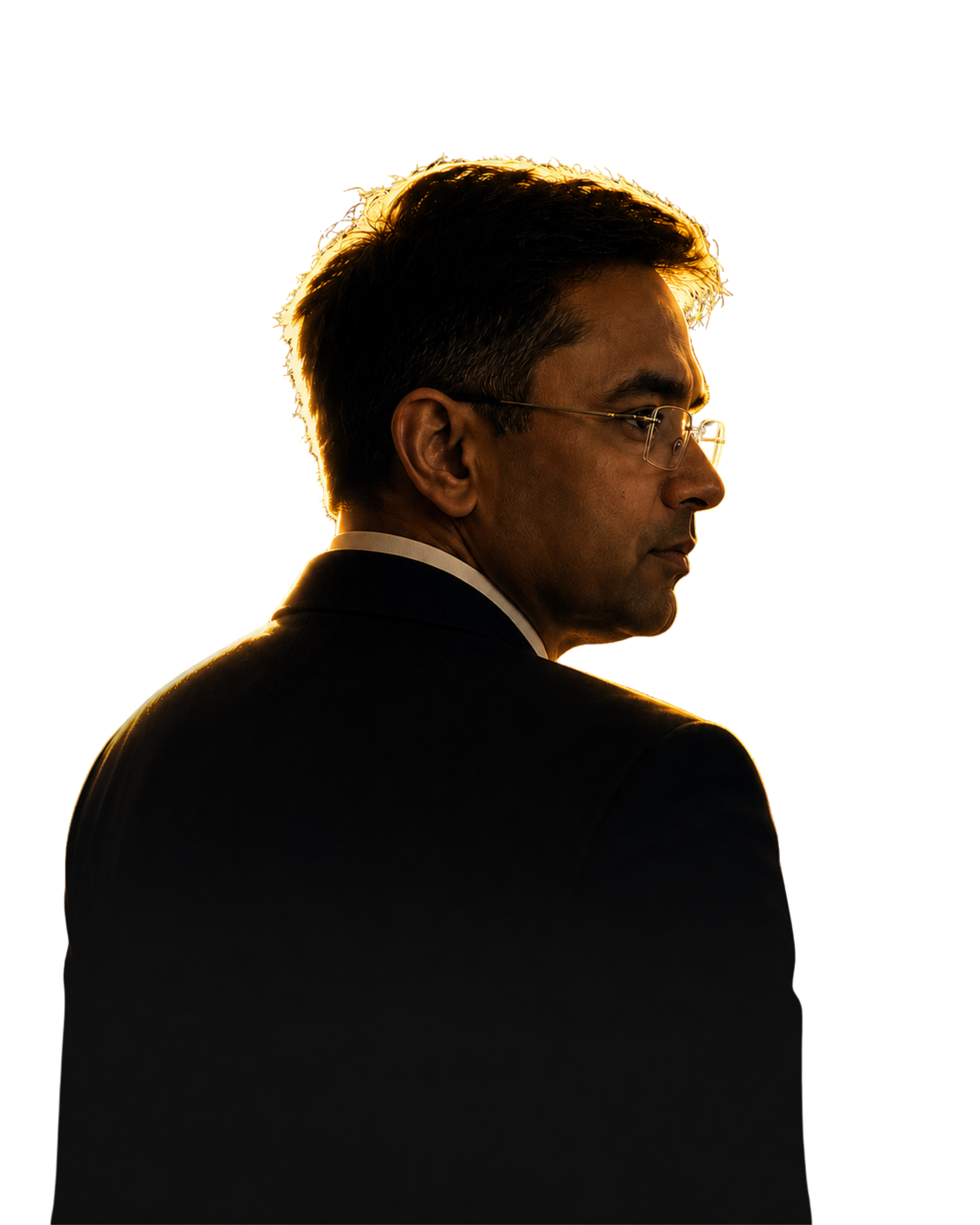Naveen Verma in profile, rim-lit against a dark background